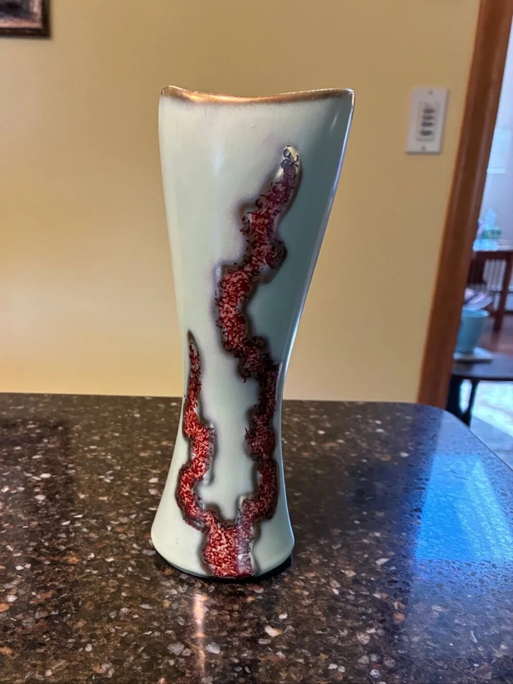 Tall Vintage Studio Pottery Vase – Celadon Green with Red Drip Glaze & Gold Rim
